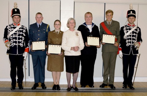 From left: ATC Cadet Alec Cottrell, Army Cadet Evelyn Irving, the Lord-Lieutenant of Dorset Mrs Anthony Pitt-Rivers, SCC Cadet Scott Dodds and CCF Cadet Hugo Potts – at the awards ceremony.
