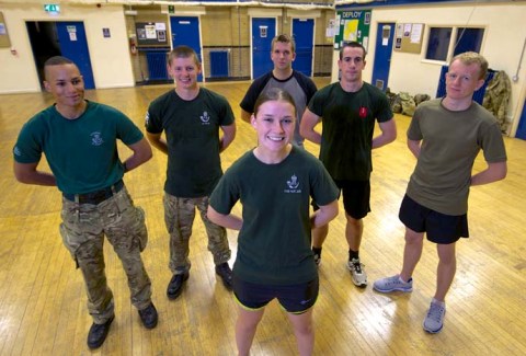Front: Private Jessica Pike. Behind from left: Lance Corporal Andrew Robbins, Rifleman Terry Pratley, Recruit Daniel Braycotton, Rifleman Alan Robertson and Recruit Charlie Grant.