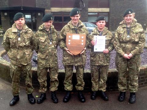 Taunton Cadets with their second place trophy. From left: Owen Allsopp, Elliott Porter, Team Leader Wesley Williams, Tyler Griffiths and Georgina Hudson.