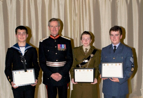 Left to right: SCC Cadet Charles Frost, Lord-Lieutenant Colonel Edward Bolitho, ACF Cadet Charlotte Braithwaite and ATC Cadet Spencer Moore after the awards ceremony in Truro.