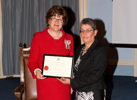 Sandra Penfold receiving her certificate from Lord-Lieutenant Mrs Sarah Troughton at the Devizes awards ceremony.