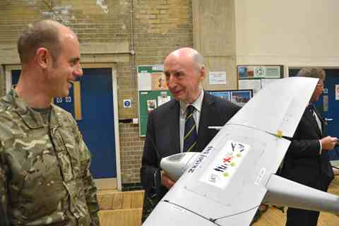 Don Cameron MBE, of Cameron Balloons, with a mini unmanned air system (MUAS) which will be part of a new surveillance role for 266 Battery (Gloucestershire Volunteer Artillery) Royal Artillery.