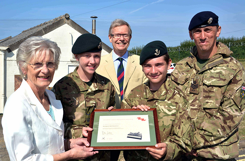 The Lord-Lieutenant of Bristol, Mrs Mary Prior, (left) with L-Cpl Jamie Bradwell and Cadet Robert O’Leary, Staff-Sgt Steve Bartlett (right) and Robert Jordan (rear), regional director of ABF The Soldiers’ Charity. Picture: Fortuis Media.