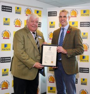 Tony Rowe OBE, Hon LLD receives a presentation - Photo mandatory by-line: Phil Mingo/Pinnacle - Tel: +44(0)1363 881025 - Mobile:0797 1270 681 - 13/11/2016 - SPORT - Rugby - Anglo-Welsh Cup - Exeter Chiefs v Cardiff Blues Rugby, Sandy Park, Exeter, Devon