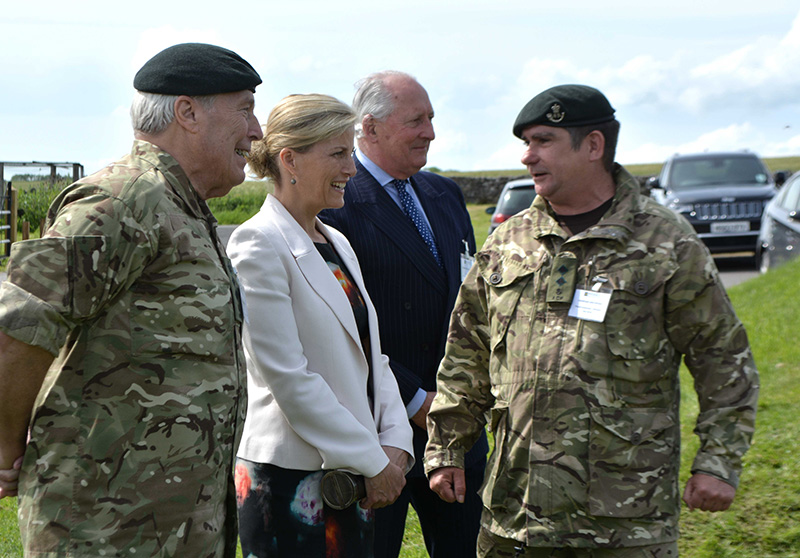 Lieutenant John Kitchen (right), Wellington Platoon Commander, Somerset ACF, briefs HRH The Countess of Wessex on command tasks being undertaken by his Cadets. Also present: Colonel Paul Richardson, Commandant, Somerset AFC, and Brigadier Tony Dalby-Welsh, Chief Executive, Wessex RFCA.